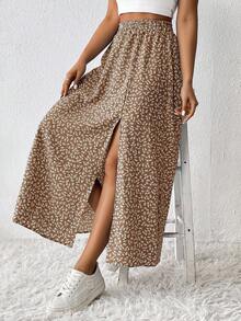 SHEIN PETITE CURVE Váy hè thường ngày cạp chun họa tiết hoa cỡ lớn - Màu Khaki - Xem 6