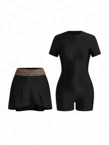 Swim Mulvari 1pc Women's One-Piece Swimsuit With Zipper Front, Black With Gold Trim, Elegant & Conservative, Suitable For Spring/Summer, Beach, Party - Multicolor - View 5