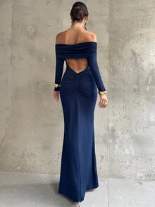 Firerie 女士藏蓝色露肩褶皱露背性感修身鱼尾长裙，优雅、通勤、性感、度假、海滩、波西米亚风、夏威夷风情、音乐节、浪漫、约会、派对、婚礼季、毕业典礼、舞会、演出、演唱会、工作、返校、女士生日礼服、婚礼宾客礼服 - 藏蓝色 - 查看 9