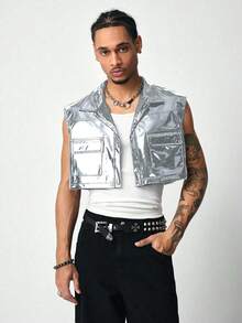 ROMWE MEN Street Life Men's KPOP Y2K Style Flap Avant Pocket Cropped Vest, Summer, Fall Winter - Multicolor - View 1