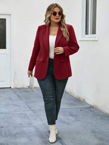 SHEIN LUNE 大码女式休闲/商务纯色披肩领西装外套女士西装外套红色夹克红色西装外套女士西装外套礼服夹克女士西装外套女士西装外套 - 酒紅色 - 查看 4