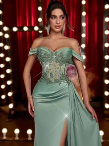 Glamrae Elegant Luxurious Green Lace Sequin Patchwork Satin Handmade Applique Sexy Slit Fishtail Skirt With Draped Hem, Suitable For Parties, Galas, Formal Occasions - Grass Green - View 7