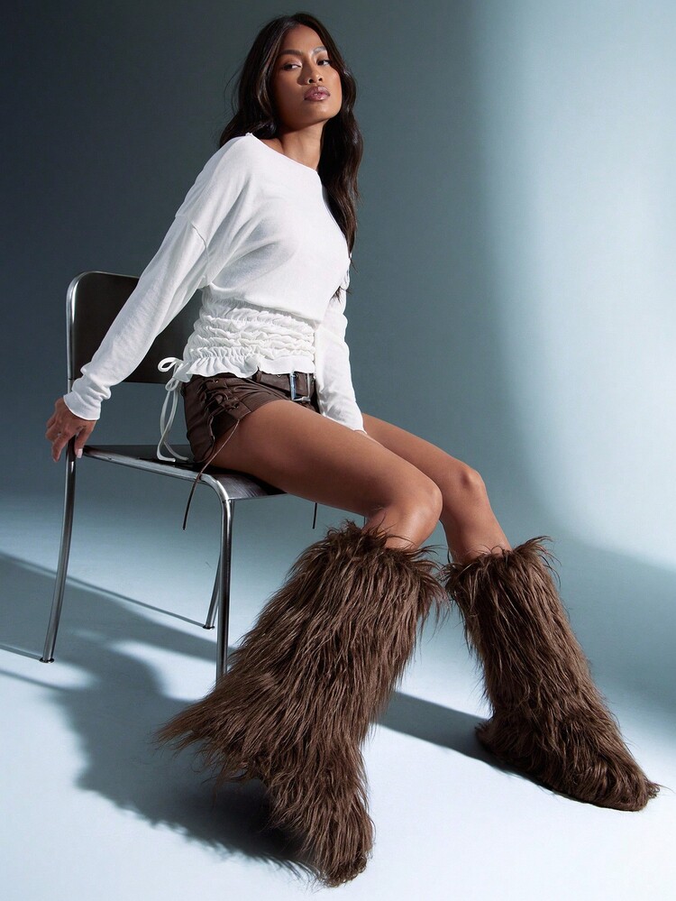 SHUZIA 女士精美绒毛人造毛皮保暖及膝冬季靴 - 巧克力棕 - 查看 2