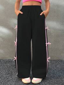 Coolane Kids Tween Girls Fall/Winter Elastic Waist Tie-Belted Utility Pants With Pockets And Bowknot,Graduation,Streetwear,Cute Pants With Bows Bow Pants Girls Loose Pants Girl Wide Leg Pant Baggy Pants With Blue Bow Girls - Black - View 6