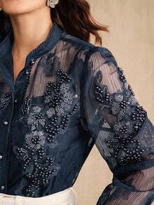 Anewsta Elegant Palace Style Fashion Pearl Decor Floral Collar Semi-Sheer Long Sleeve Blouse Top, Suitable For Spring, Summer, Festival, Graduation - Navy Blue - View 1