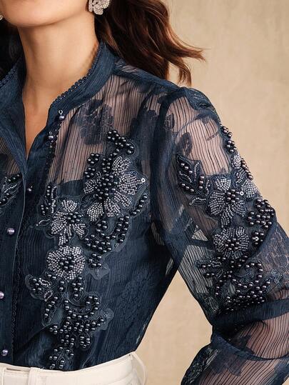 Anewsta Elegant Palace Style Fashion Pearl Decor Floral Collar Semi-Sheer Long Sleeve Blouse Top, Suitable For Spring, Summer, Festival, Graduation