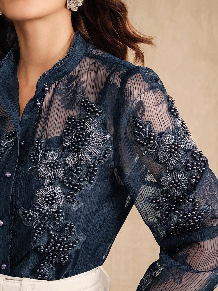 Elegant Palace Style Fashion Pearl Decor Floral Collar Sheer Long Sleeve Blouse T-Shirt Top, Suitable For Spring/Summer, Festival, Graduation, Valentine's Day