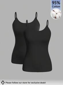 Tseoso 2 件套休闲修身女式吊带背心，95% 纯棉，适合夏季，复古，可爱夏季上衣，柔软女孩，夏季外出单品，居家，返校，秋季女装，百搭 - 黑色 - 查看 2