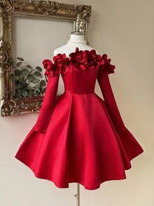 Lovelzi Elegant Glamorous 3D Floral Jewel Embellished Off Shoulder Long Sleeve A-Line Evening Party Maxi Dress - Red - View 1