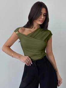 Firerie Camiseta ajustada modesta con hombro asimétrico, cintura fruncida, elegante para uso diario, color blanco - Verde militar - Ver 7