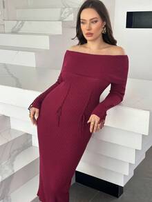 Modelyn 秋季大码女式纯色露肩长袖系带设计修身优雅针织连衣裙 - 酒紅色 - 查看 5