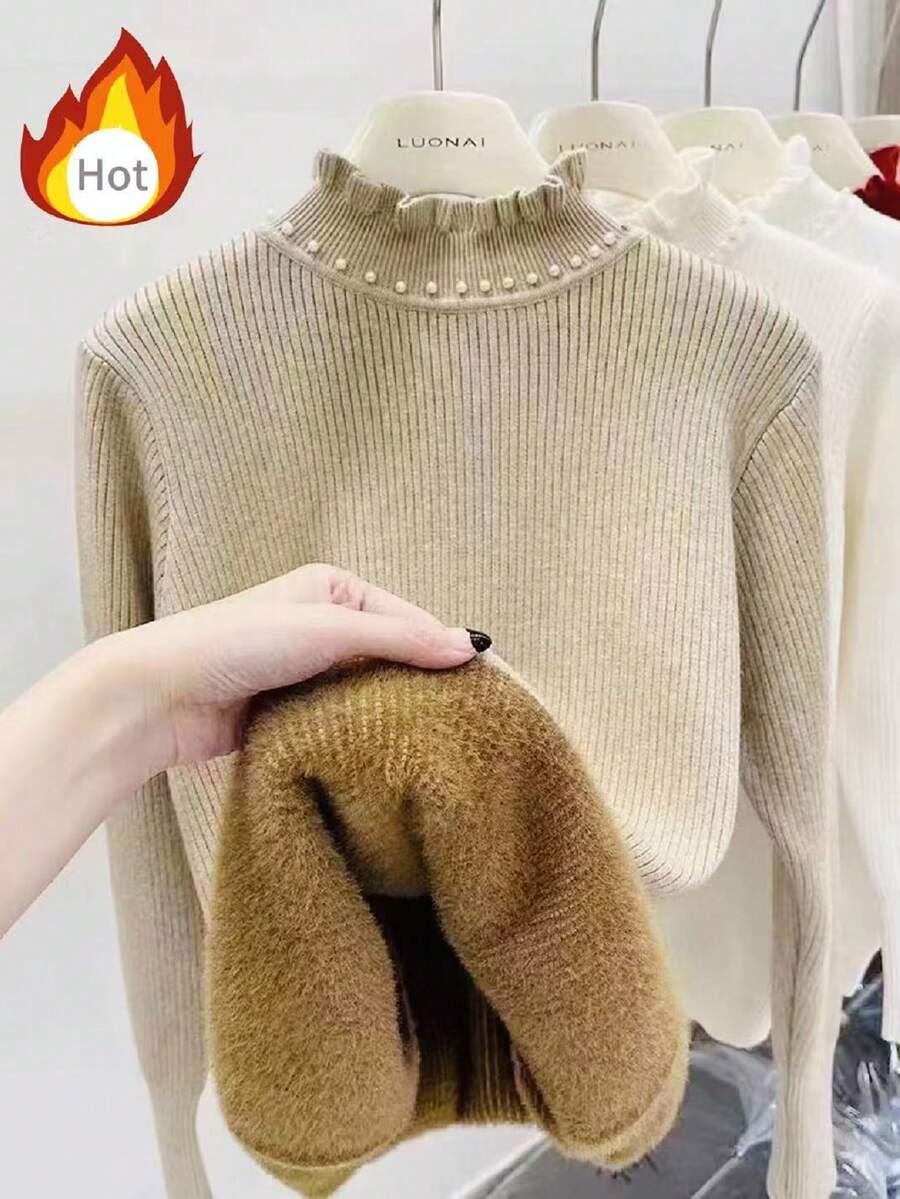 SHEIN Áo len đính ngọc trai thanh lịch dành cho nữ, Thu/Đông - Màu Khaki - Xem 1