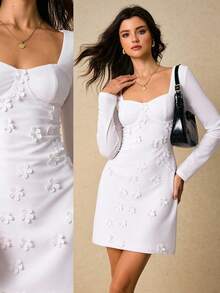 Poéselle White 3D Daisy Appliqué Sweetheart Long-Sleeve Bodycon Mini Dress – Flirty Brunch & Bridal Shower Look,Daisy Dress, 3d Floral Appliqué,Sweetheart Neckline Dress, Bodycon Long Sleeve Dress,Bridal Shower Outfit, Spring Brunch Fashion, White Graduation Dress,Women's Floral Decor Sweetheart Neck Long Sleeve Elegant Mini Dress