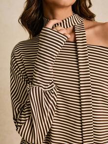 Poéselle Robe élégante rayée noir et blanc pour femmes avec foulard, col asymétrique, épaule asymétrique, manches longues, mini-robe hanches, tenue de soirée d'automne, 2 pièces - Tabac - Voir 3