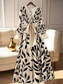 GlowEve Women's Elegant Casual Commuter Dress With Graphic Print And Color Block Design, Waist Cinched - Multicolor - View 3