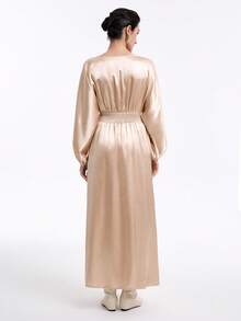Aalyst Elegant Dining Satin Long Dress,Champagne Gold V-Neck Raglan Sleeve Pleated High-End Minimalist Autumn Winter Dress With Pockets - Apricot - View 2