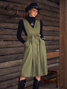 Vestido midi con volantes, bolsillos y cinturón de botones en la cintura, estilo bohemio y occidental, color verde, marca "LanaWest" - Verde militar - Ver 3