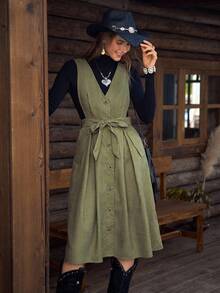 Vestido midi con volantes, bolsillos y cinturón de botones en la cintura, estilo bohemio y occidental, color verde, marca "LanaWest" - Verde militar - Ver 8