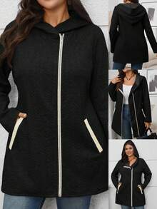EMERY ROSE Plus Size Women Black Autumn Casual Hiking Long Sleeve Zip-Up Hooded Sweatshirt With Pockets,2025 New Fashionable Winter Fall Everyday Wear,Christmas - Black - View 3