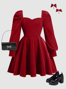 SHEIN Tween Girl Casual Minimalist Comfortable Puff Sleeve A-Line Waist Cinched Dress - Red - View 8