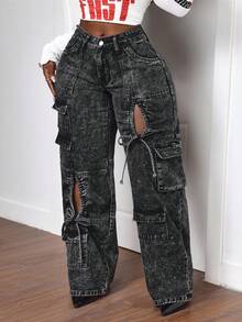 Slaydiva Große Größen Damen Loose Fit Denimhose mit weitem Bein und Schmetterlingsdekor, Cut-Out - Grau - Übersicht 3