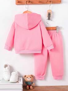 2pcs/Set Baby Girl Cute Cappuccino Ballerina Dancer Heart Print Hooded Fleece Sweatshirt And Fleece Pants Set, Suitable For Outings In Autumn/Winter Fall - Pink - View 3