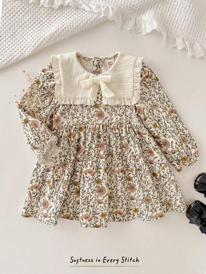 Cozy Pixies 女婴碎花撞色彼得潘领长袖束腰连衣裙