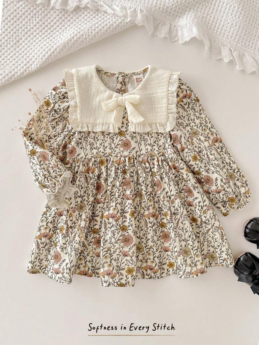 Cozy Pixies Đầm bé gái cổ Peter Pan họa tiết hoa màu tương phản, tay dài, thắt eo - Màu be - Xem 1