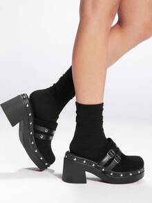 Sugerpunk Women's Retro Buckle Strap High Heel Sandals, Fashionable Casual Chunky Heel Mules - Black - View 5