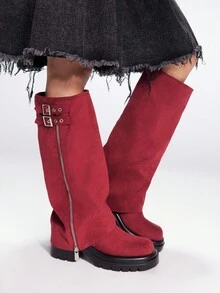 Sugerpunk 女士时尚中筒靴，休闲厚底 - 酒紅色 - 查看 2