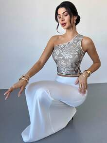 Firerie Women's Elegant Sequin Embroidered Jacquard One Shoulder Top,Gray Summer Party Gold Asymmetrical Birthday Top For Wedding Guest,Graduation,Prom,Work - Black - View 5