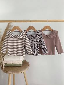 SHEIN 3 件女童秋冬彼得潘领长袖上衣 - 豹纹 + 纯棕色 + 棕白条纹汗衫套装 - 彩色 - 查看 7