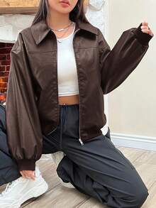 SHEIN EZwear Drop Shoulder Long Sleeve Zip Up Red PU Leather Jacket In Fall/Winter Brown Jacket Women Crop Jacket Jacket Y2k - Chocolate Brown - View 4