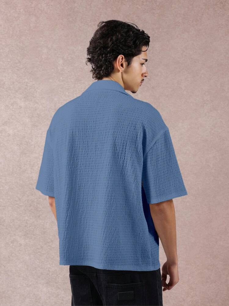 Textured Camp Collar Button Down Shirt With Short Sleeves