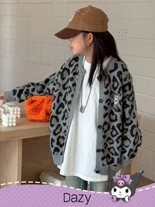 DAZY HELLO KITTY AND FRIENDS | SHEIN 秋冬款少女休闲卡通刺绣豹纹开衫 - 灰色 - 查看 6