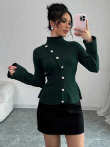 Selianne Elegant Bell Sleeve Cinched Waist Green & Gold Decorative Button Sweater, Autumn/Winter Fall Cloth For Women - Green - View 5