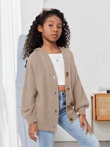 SHEIN 青少年女孩休闲宽松连帽长袖开衫毛衣女孩毛衣夹克大女孩针织开衫开衫少女女孩青少年女孩夏季夹克朴素的衣服青少年，秋季/冬季/秋季 - 卡其色 - 查看 4