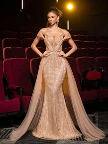 Glamrae Elegant Luxurious Beaded & Sequin Floral Off Shoulder Sleeve Design Mermaid Maxi Dress With Flared Hem, Suitable For Weddings, Parties, Vacations, Galas, Formal Events (Heavy Embellishment)S For Gala Night Gown - Champagne - View 6