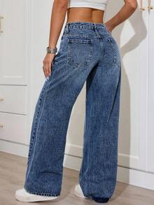 SHEIN PETITE Women's Casual Commuter Simple Versatile Low-Waist Loose Wide-Leg Jeans - Dark Wash - View 2