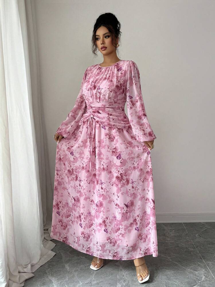 Modelyn Chiffon Butterfly Print Ruched Round Neck Long Sleeve Dress Dress Modest Pink Floral Dress Feminine Dress Floral Dress - Multicolor - View 5