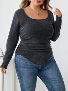 SHEIN CURVE+ 大码休闲做旧雪花长袖T恤/秋冬 - 黑色 - 查看 6