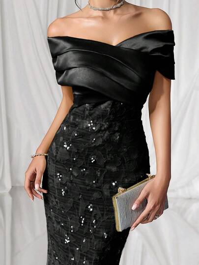 Coutiva Elegant Drop Shoulder Backless Fruit Green Satin Stitching Jacquard Sequin Hem Straight Skirt Back Slit Party Dress, Suitable For Birthday Parties, Daily Gatherings, Prom Dresses, Cocktail Parties, Graduation Ceremonies, School Opening Parties, Etc.