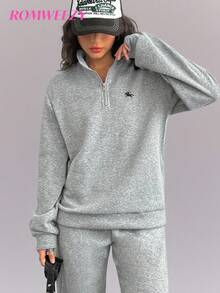 少女骑士印花长袖拉链连帽衫和运动裤休闲套装，秋季 - 灰色 - 查看 7