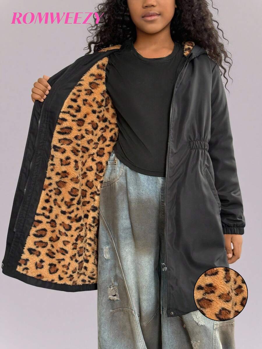 Tween Girl Leopard Print Thermal Lined Hooded Jacket, Autumn/Winter Fall - Multicolor - View 1
