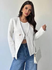 Firerie Women's Elegant White Tweed Short Jacket,Autumn Office V-Neck Metal Buckle Asymmetric Hem Long Sleeve Elegant Minimalist Commuter Urban Chic Casual - White - View 8