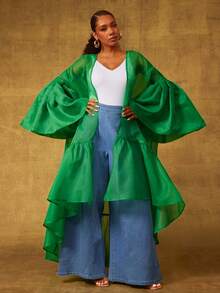 Vixey 豹纹透明欧根纱荷叶边下摆和服，女士沙滩装，夏季，波西米亚风，女士沙滩罩衫，海岛度假装 - 綠色 - 查看 5