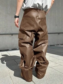 PAVTROS Pantaloni in pelle PU Manfinity Streetrush da uomo, pantaloni versatili e morbidi, pantaloni cargo casual marroni larghi e diritti da uomo, autunno inverno