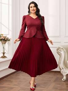 Modelyn Plus Size Women 3D Floral Decor V-Neck Puff Sleeve Top And Pleated Midi Skirt Elegant 2 Pieces Set