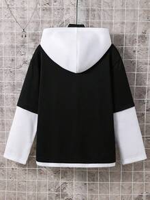 SHEIN Áo nỉ chui đầu thể thao rộng rãi màu tương phản dành cho bé trai tuổi mới lớn, thích hợp để đi làm, đi học, mặc thường ngày, thể thao, mùa thu/đông, quần áo trẻ em, quần áo bé trai tuổi mới lớn, quần áo đi học - màu đen - Xem 2
