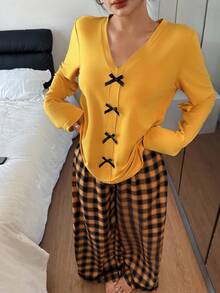 SHEIN Women's Casual Contrast Color Lace Trim Plaid Pajama Set, Fall Clothes